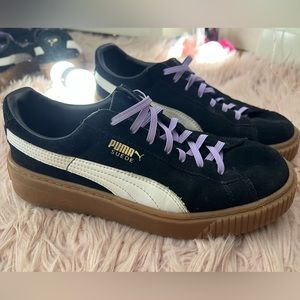 Puma Black and White Suede Gum Sole Platform Sneakers 8.5